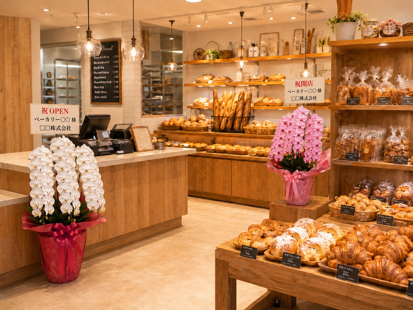 ベーカリー店内に白とピンクの胡蝶蘭が並ぶ様子