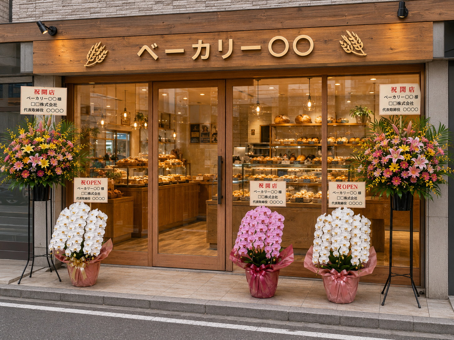 パン屋の店頭にスタンド花と胡蝶蘭が並ぶ開店祝いの様子