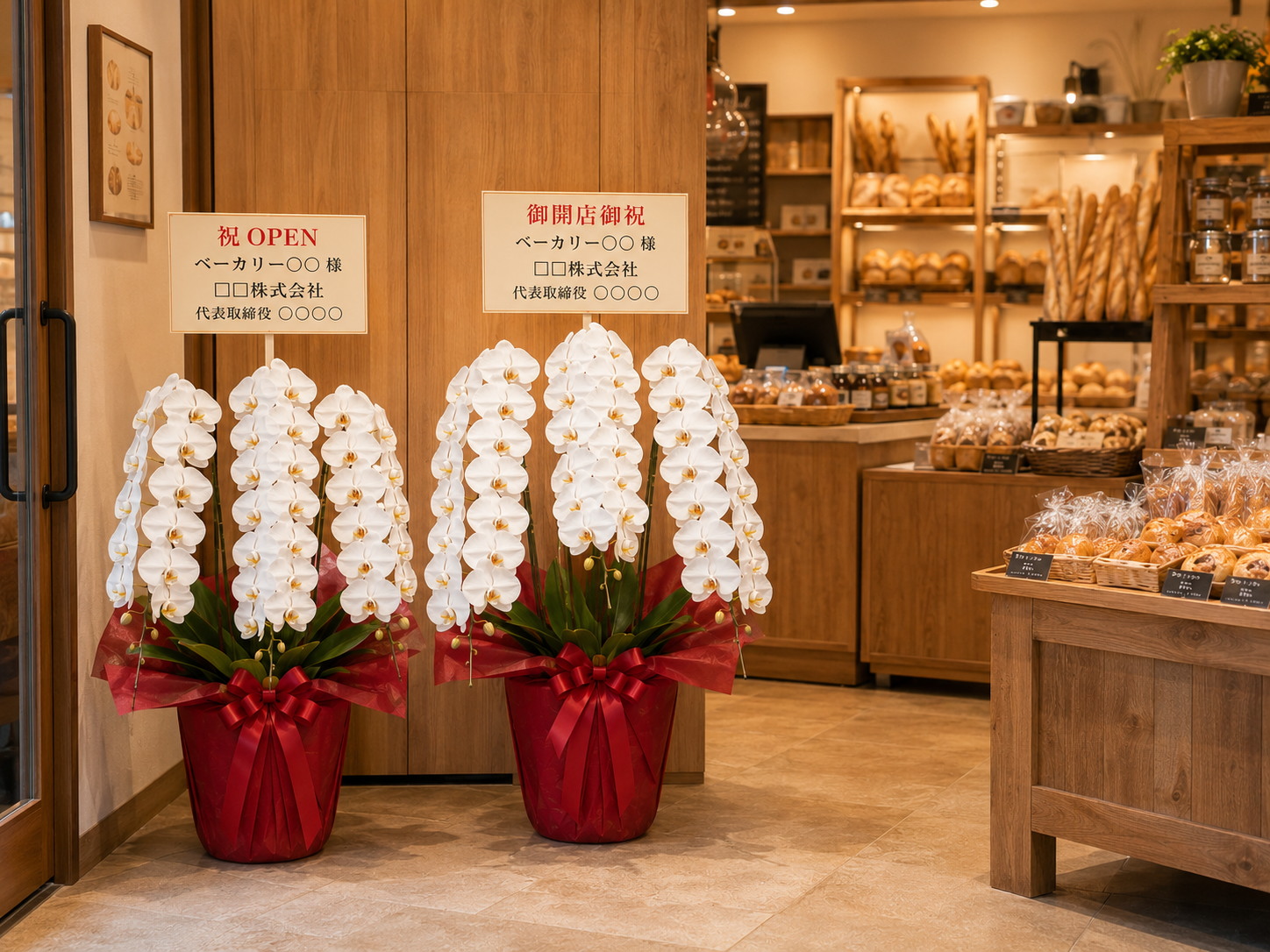 ベーカリー店内のパン売り場近くに白の胡蝶蘭が並ぶ様子
