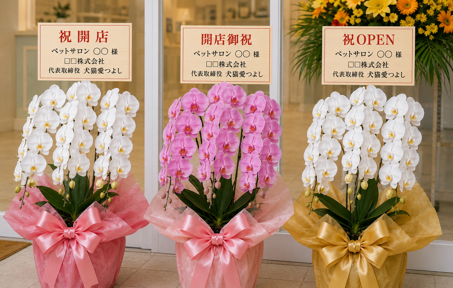 ペットサロンの開店祝い胡蝶蘭に添える立札のアップ