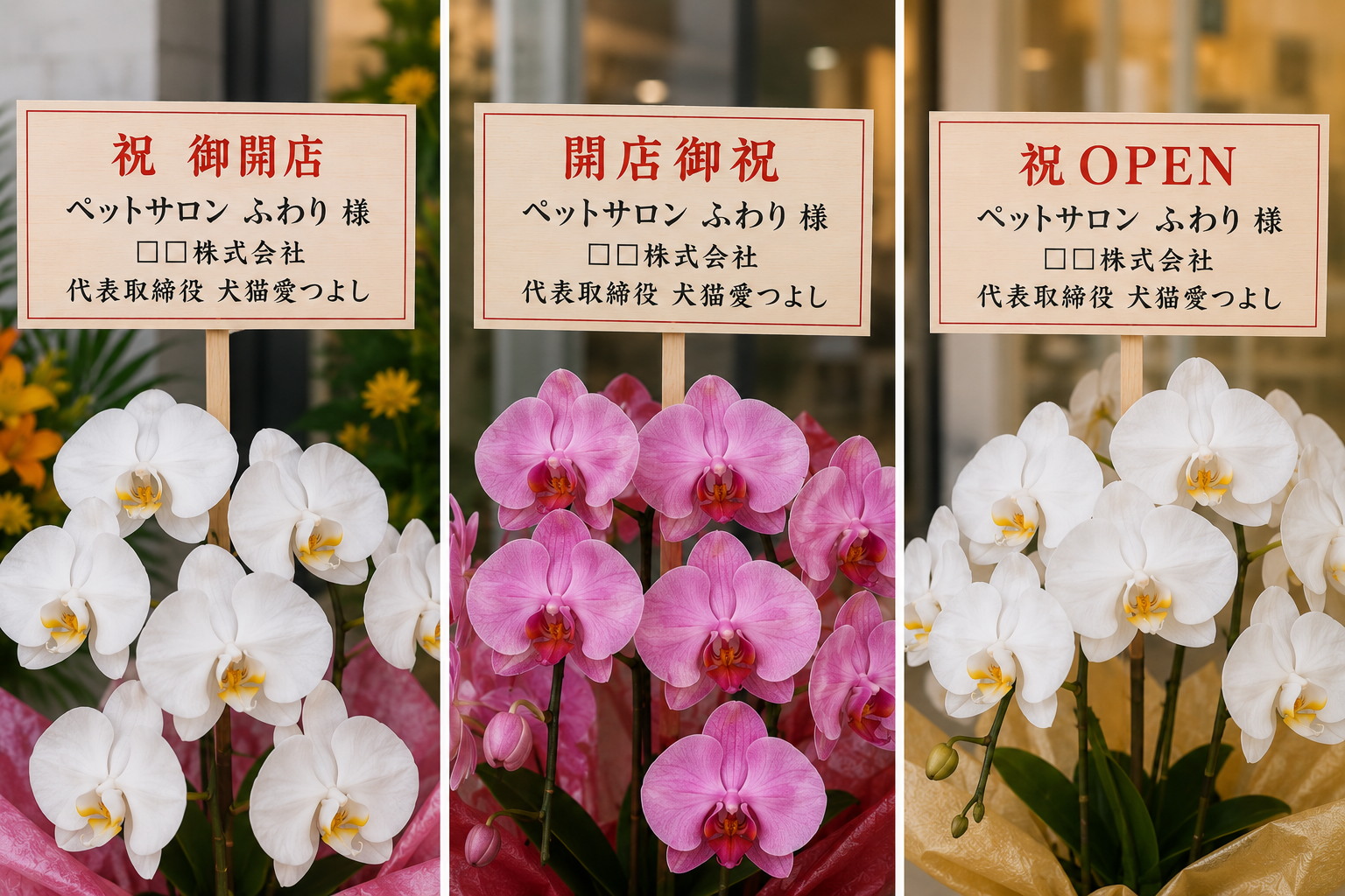 祝OPENの立札を添えた白い胡蝶蘭の開店祝い