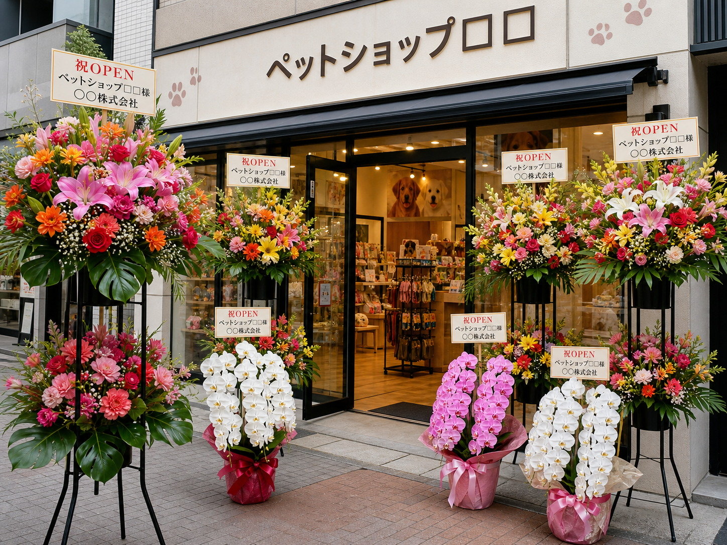 ペットサロンの外観に飾られた開店祝いの胡蝶蘭