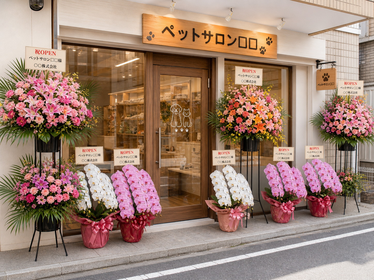 トリミングサロンの受付に飾られた開店祝いの胡蝶蘭