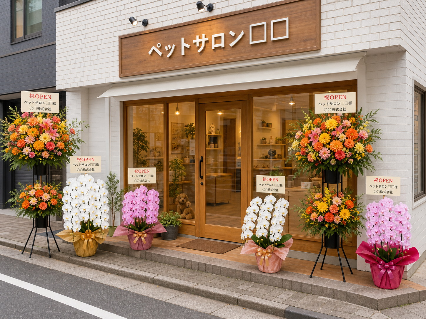 ペットサロン入口に並ぶ胡蝶蘭とスタンド花の開店祝い