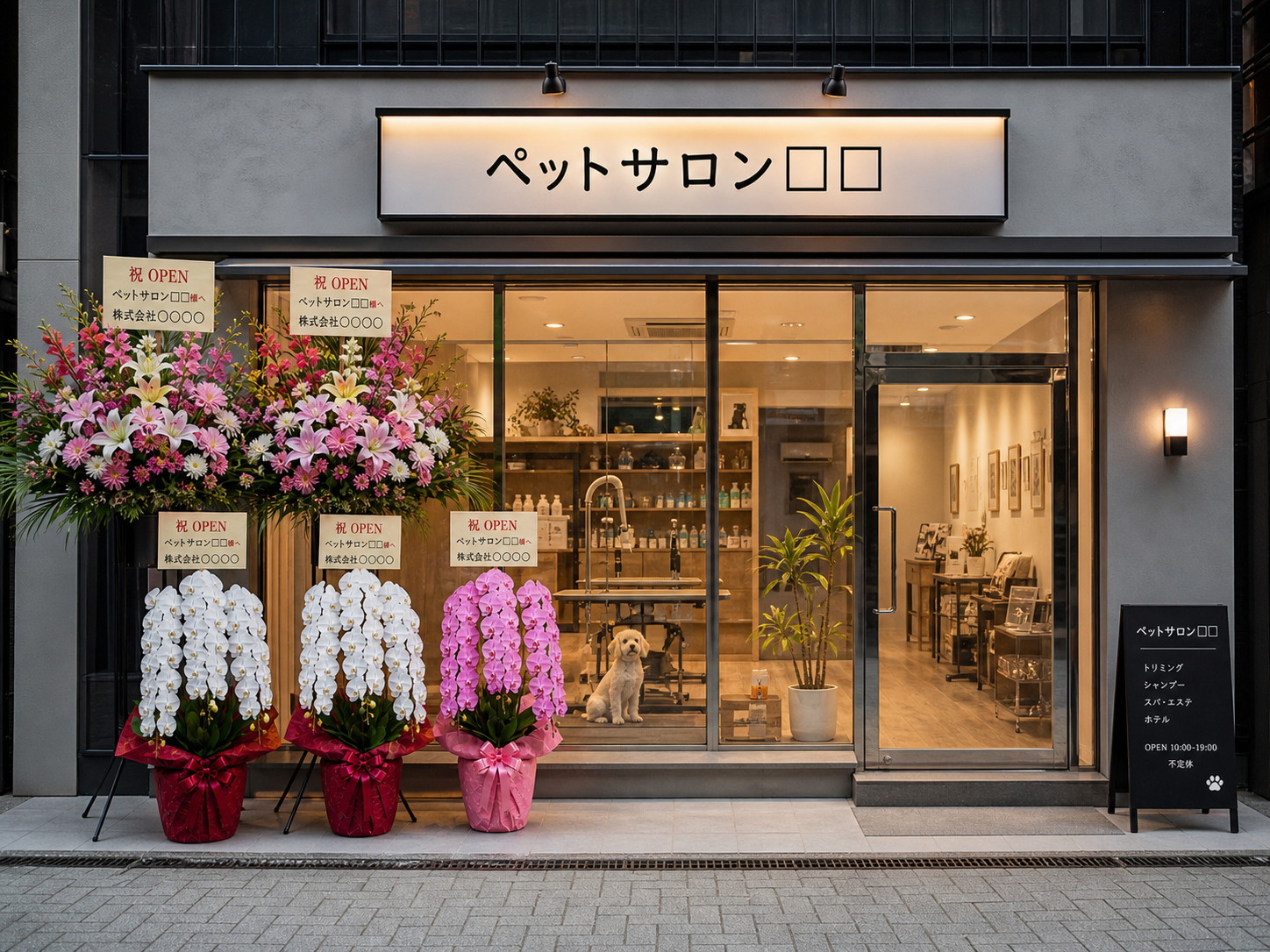 ペットサロン外観と店頭に飾られた開店祝いの胡蝶蘭