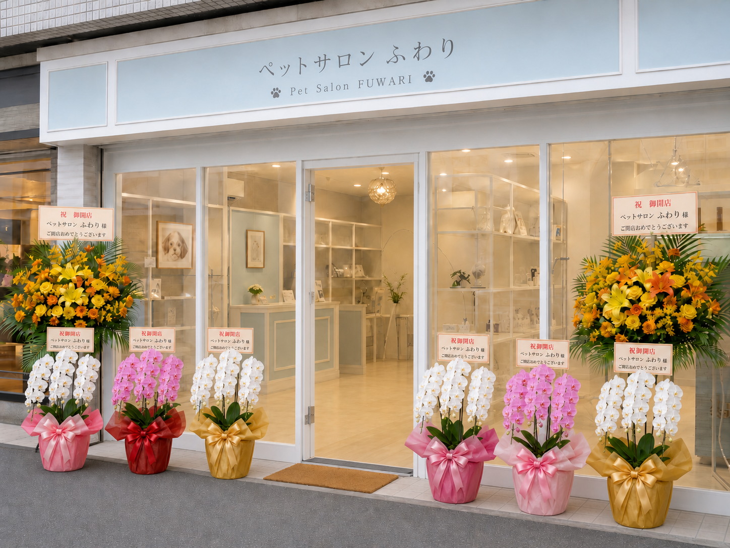 ペットショップのオープン日に合わせて飾られた胡蝶蘭