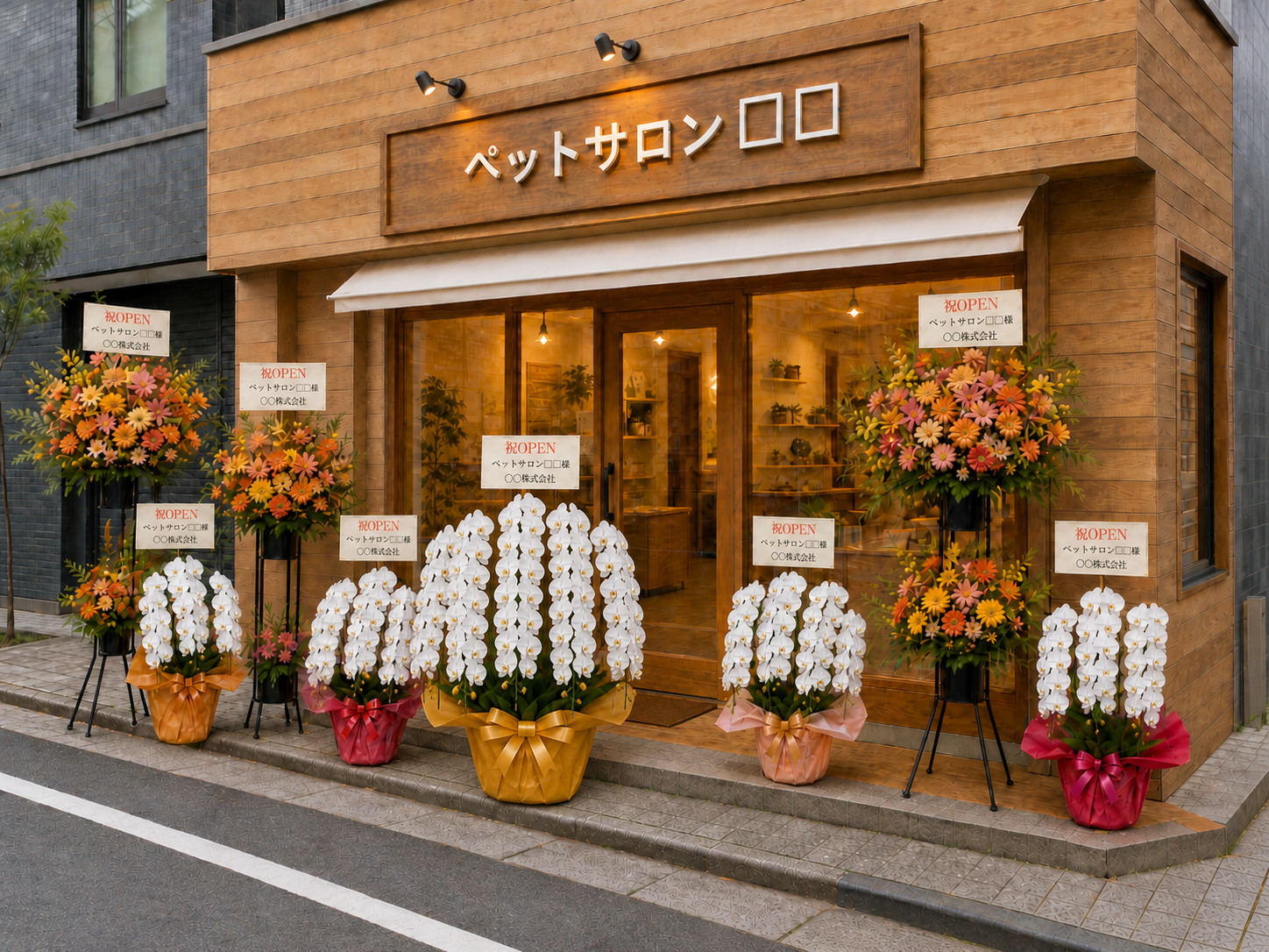 ペットサロン受付前に飾る5本立ち胡蝶蘭の開店祝い
