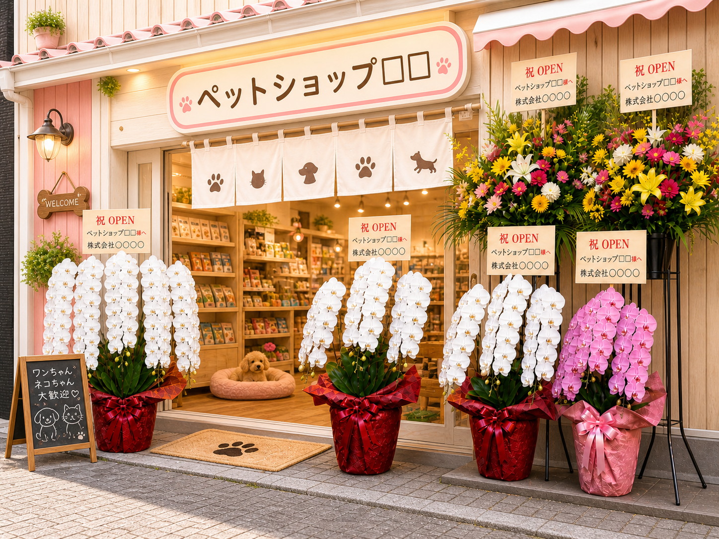 ペット用品ショップ外観に飾る5本立ち胡蝶蘭の開店祝い