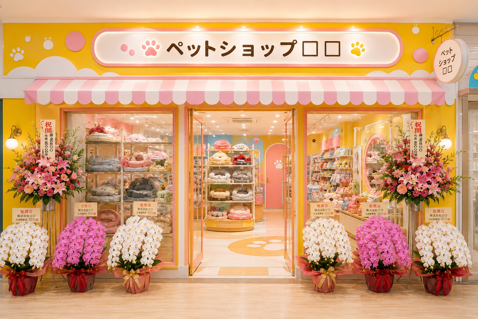 明るいペットショップ外観に飾られた胡蝶蘭