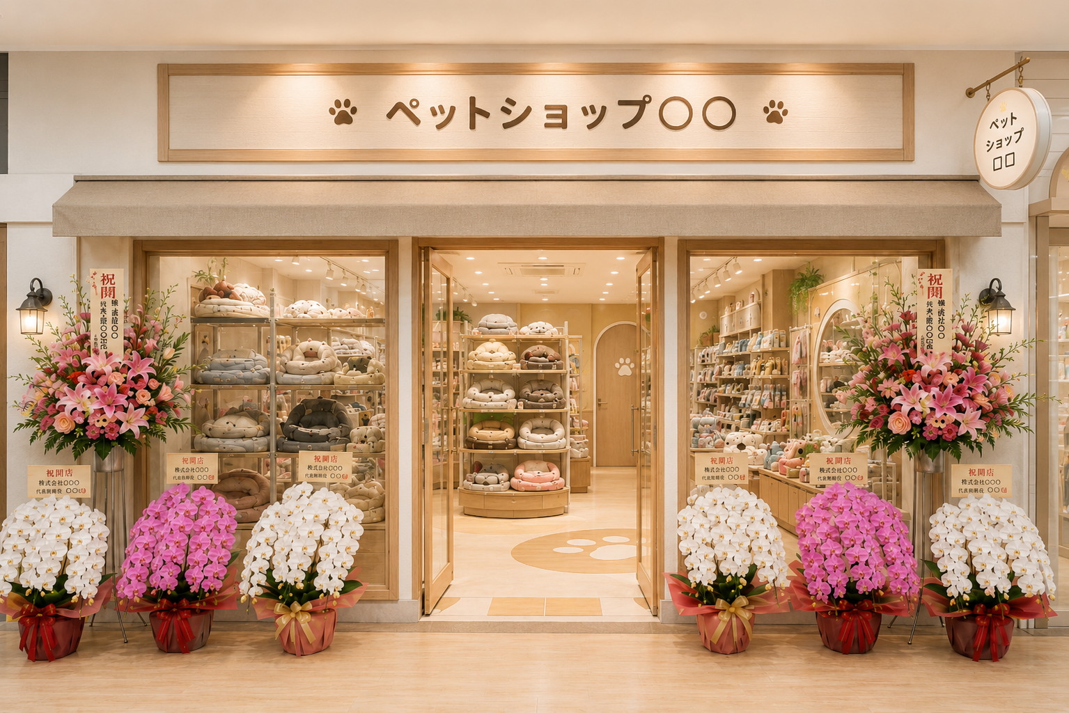 木目調のペットショップ店頭に飾られた白胡蝶蘭