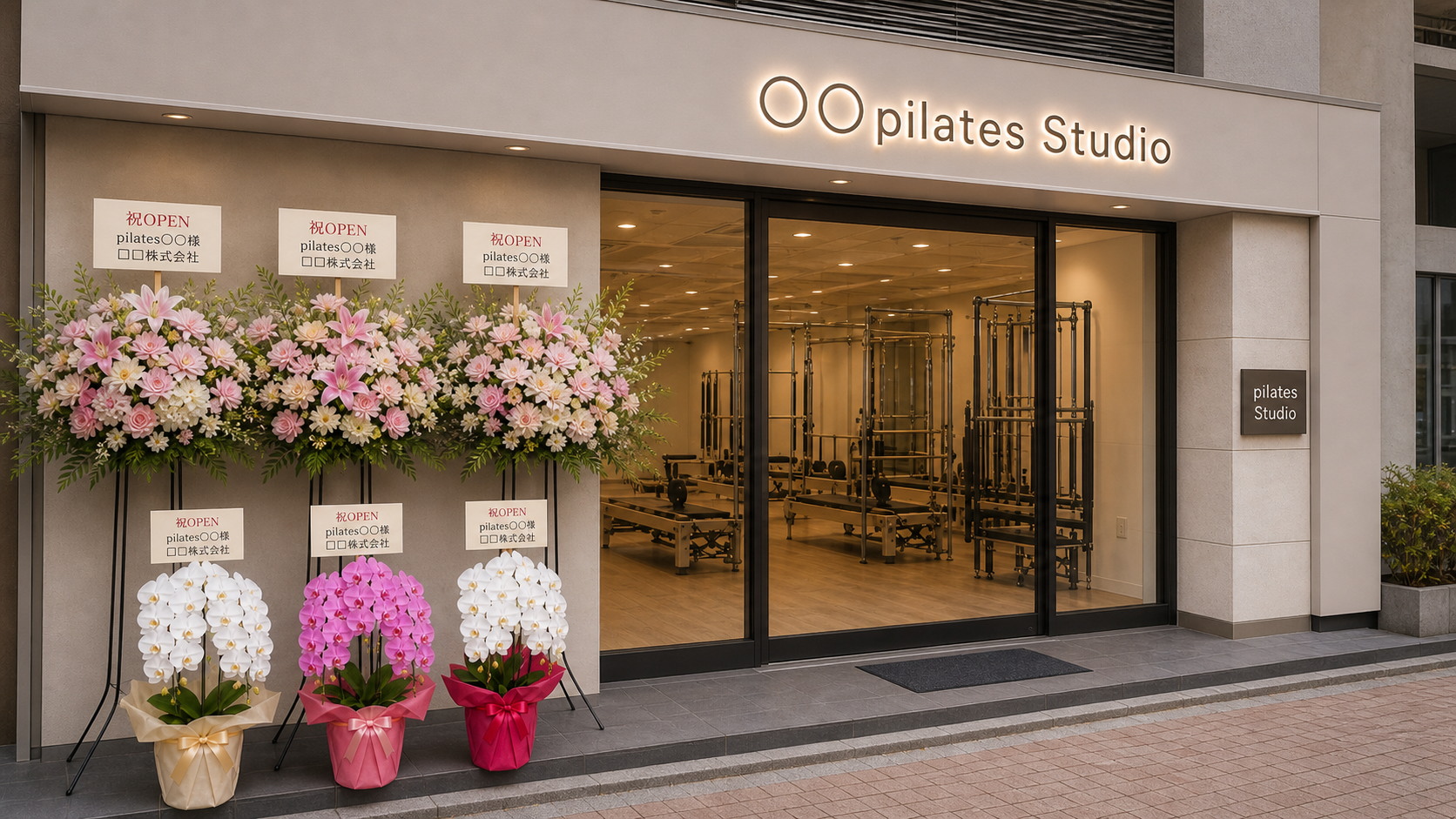 ピラティススタジオ開店祝いのスタンド花と胡蝶蘭3鉢