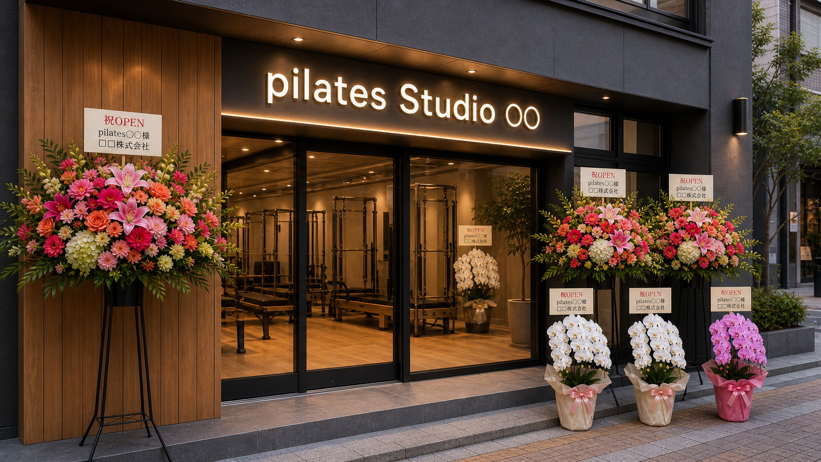 ピラティススタジオ開店祝いに白とピンクの胡蝶蘭2鉢