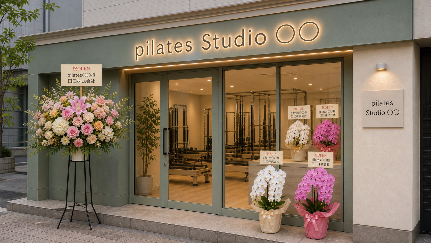 ピラティススタジオ開業に贈られた胡蝶蘭とスタンド花