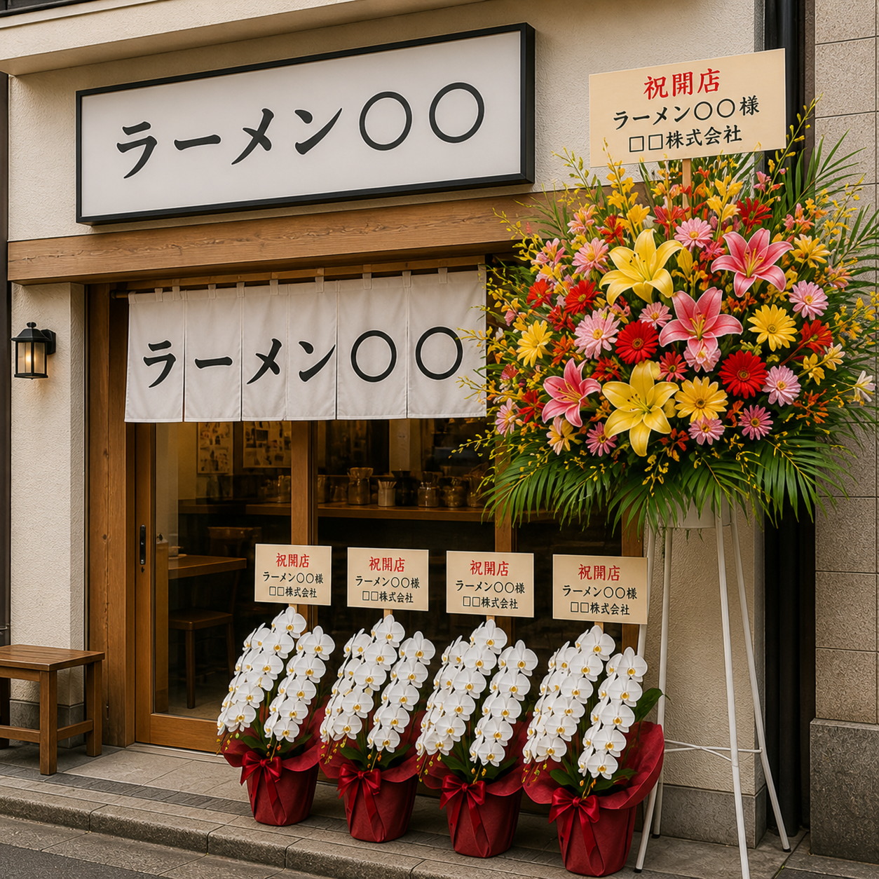ラーメン店開店祝いに複数並ぶ胡蝶蘭