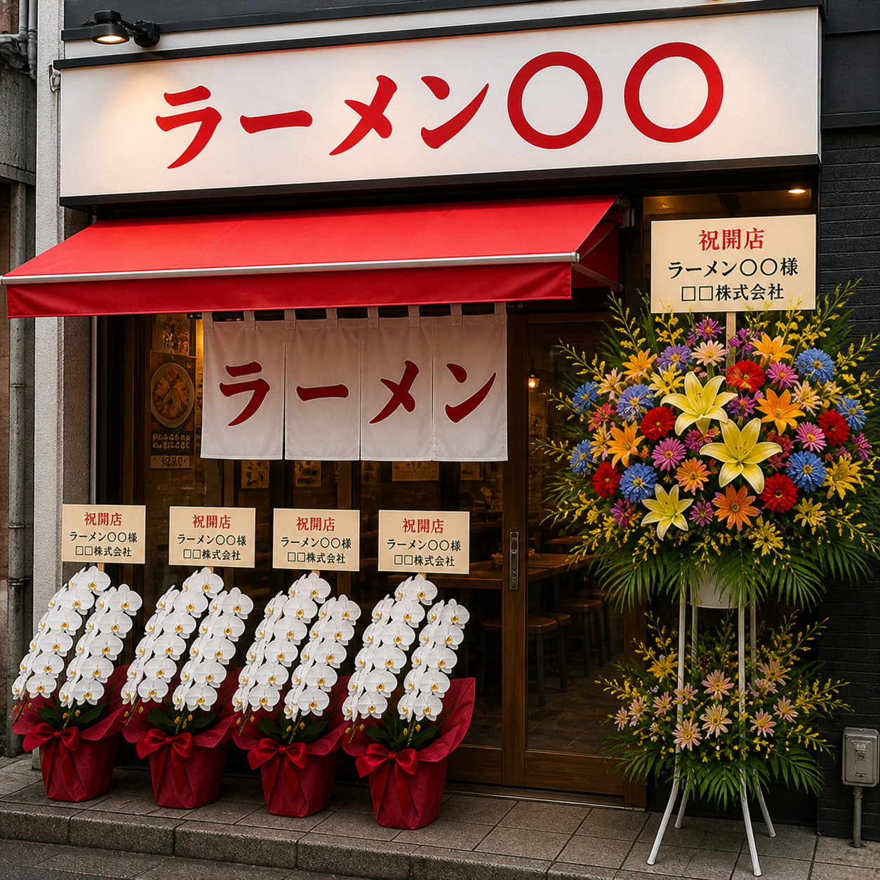 ラーメン店開店祝い白胡蝶蘭の3本立て