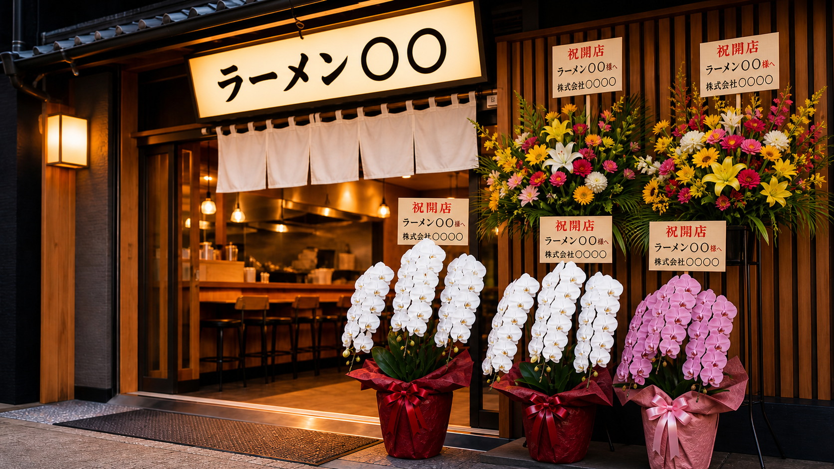 ラーメン店開店祝い胡蝶蘭のラッピングと立札