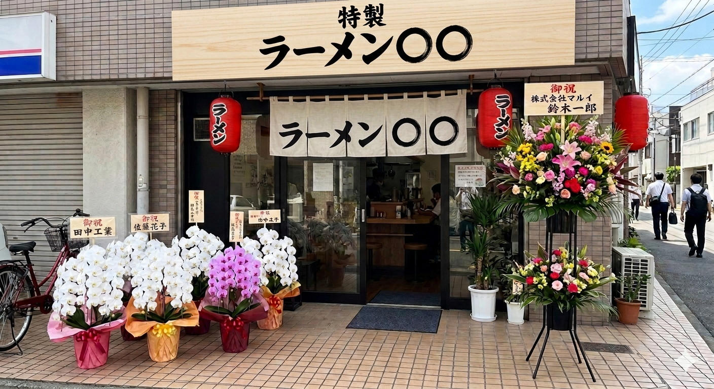 ラーメン店への開業祝い立札と贈り主名の書き方