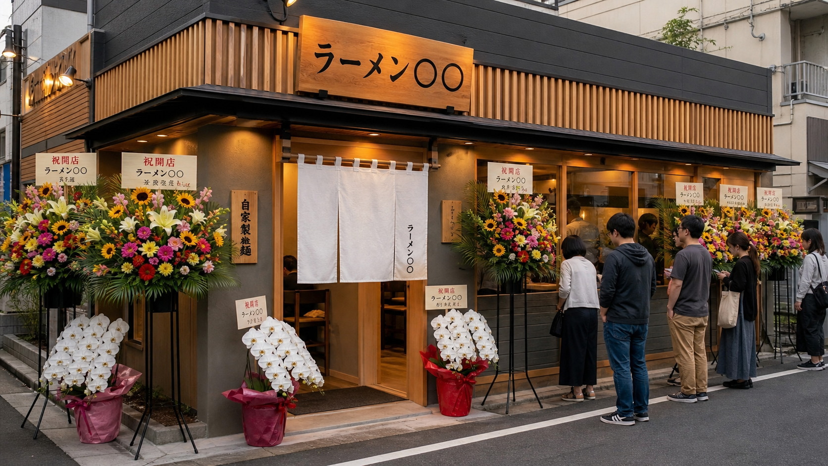 グランドオープンで賑わうラーメン店と祝い花