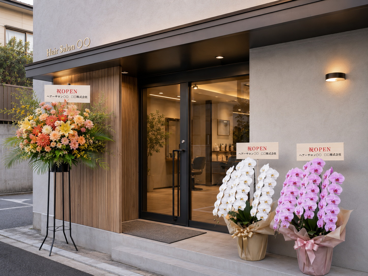 美容室入口に飾られた白とピンクの胡蝶蘭とスタンド花