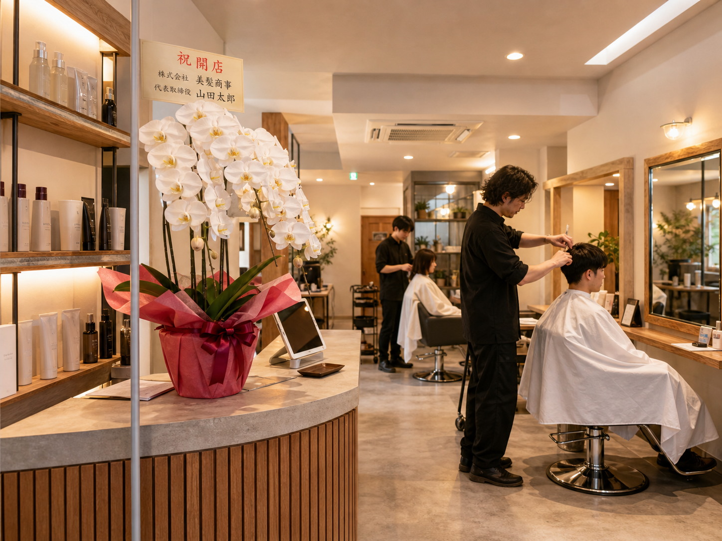 美容室の受付カウンターに置かれた開店祝いの白胡蝶蘭