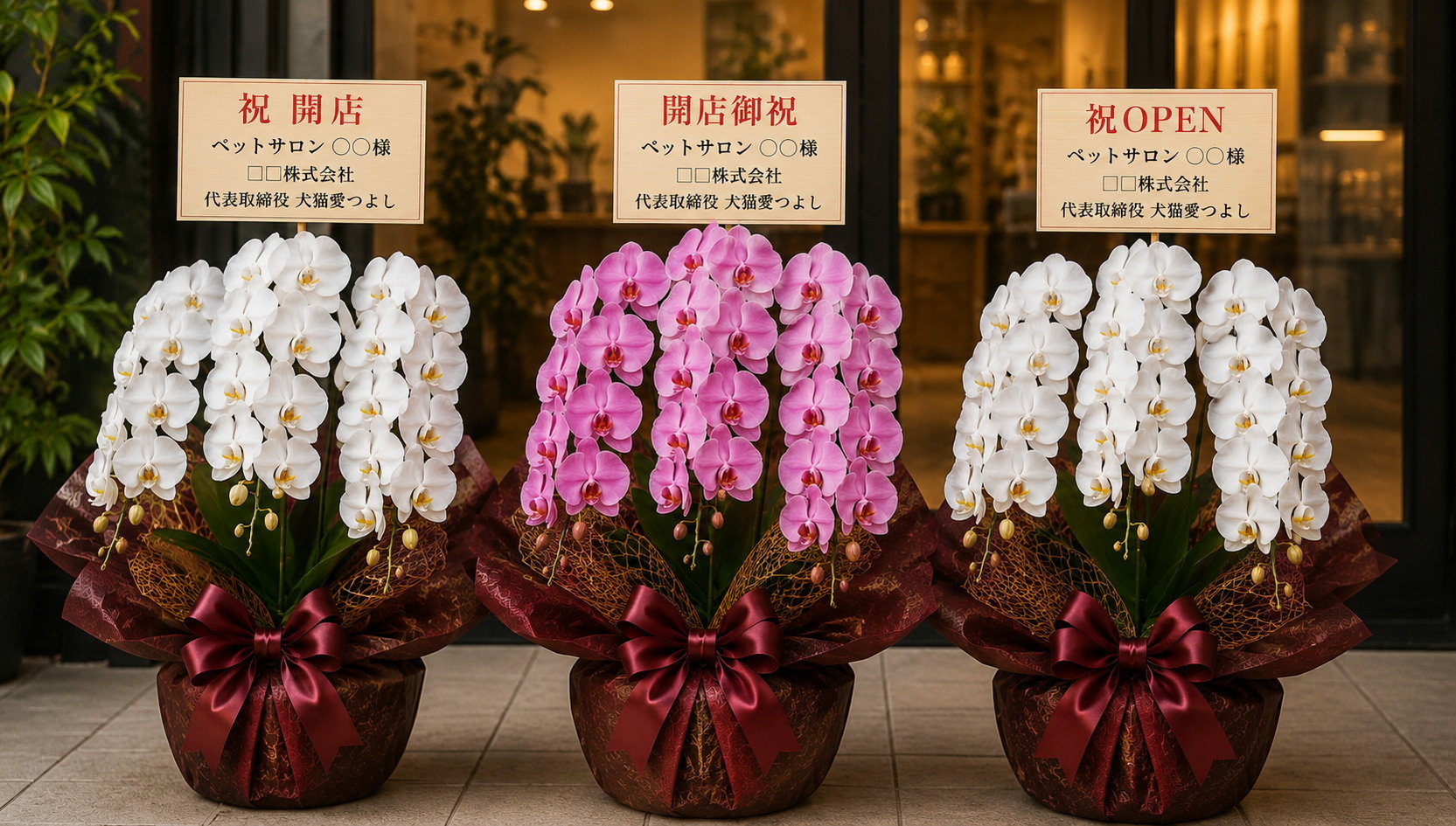 ペットサロンの開店祝いに贈るピンク胡蝶蘭と立札