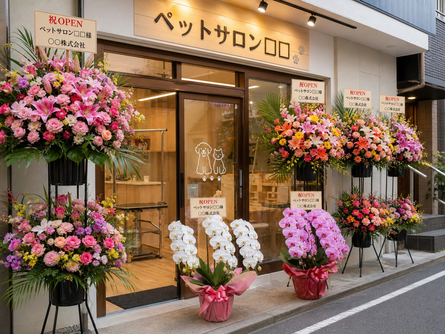 ペットショップの開店祝いに店頭へ並んだ胡蝶蘭と祝い花