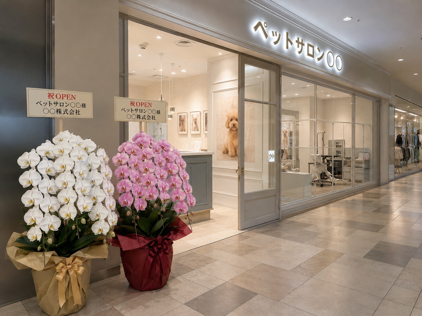 商業施設内のペットサロン前に置かれた開店祝いの胡蝶蘭