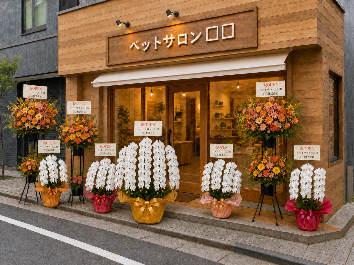 ペットサロン受付前に飾る5本立ち胡蝶蘭の開店祝い