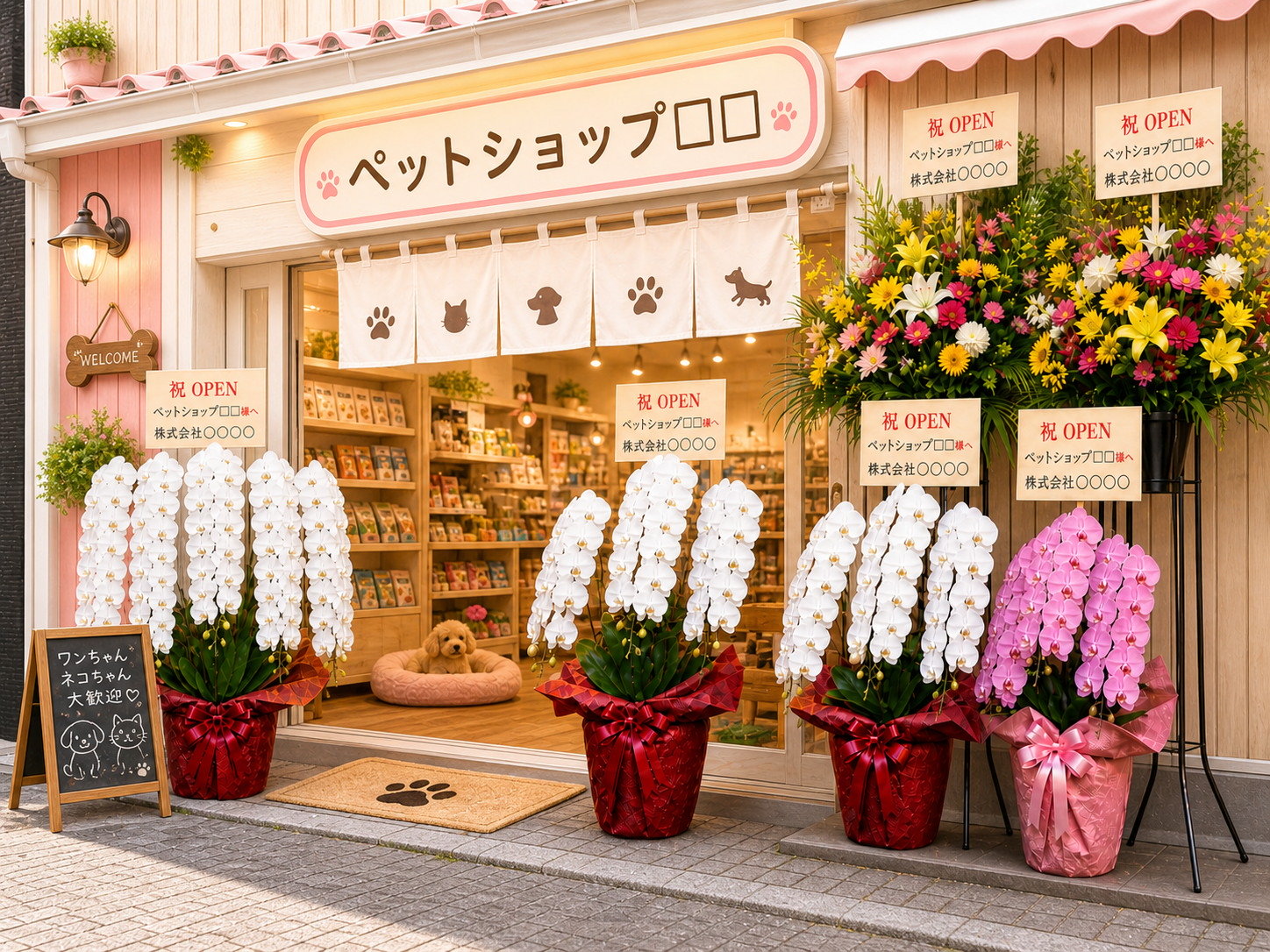ペット用品ショップ外観に飾る5本立ち胡蝶蘭の開店祝い