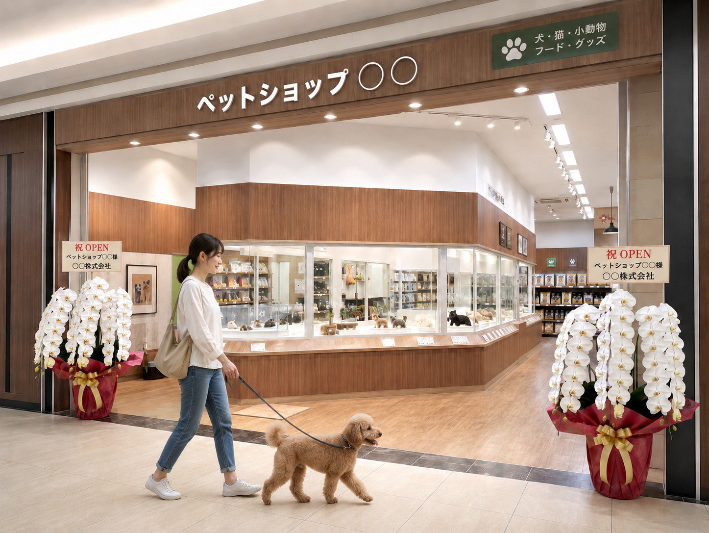 ペット用品ショップ入口に置かれた開店祝いの胡蝶蘭