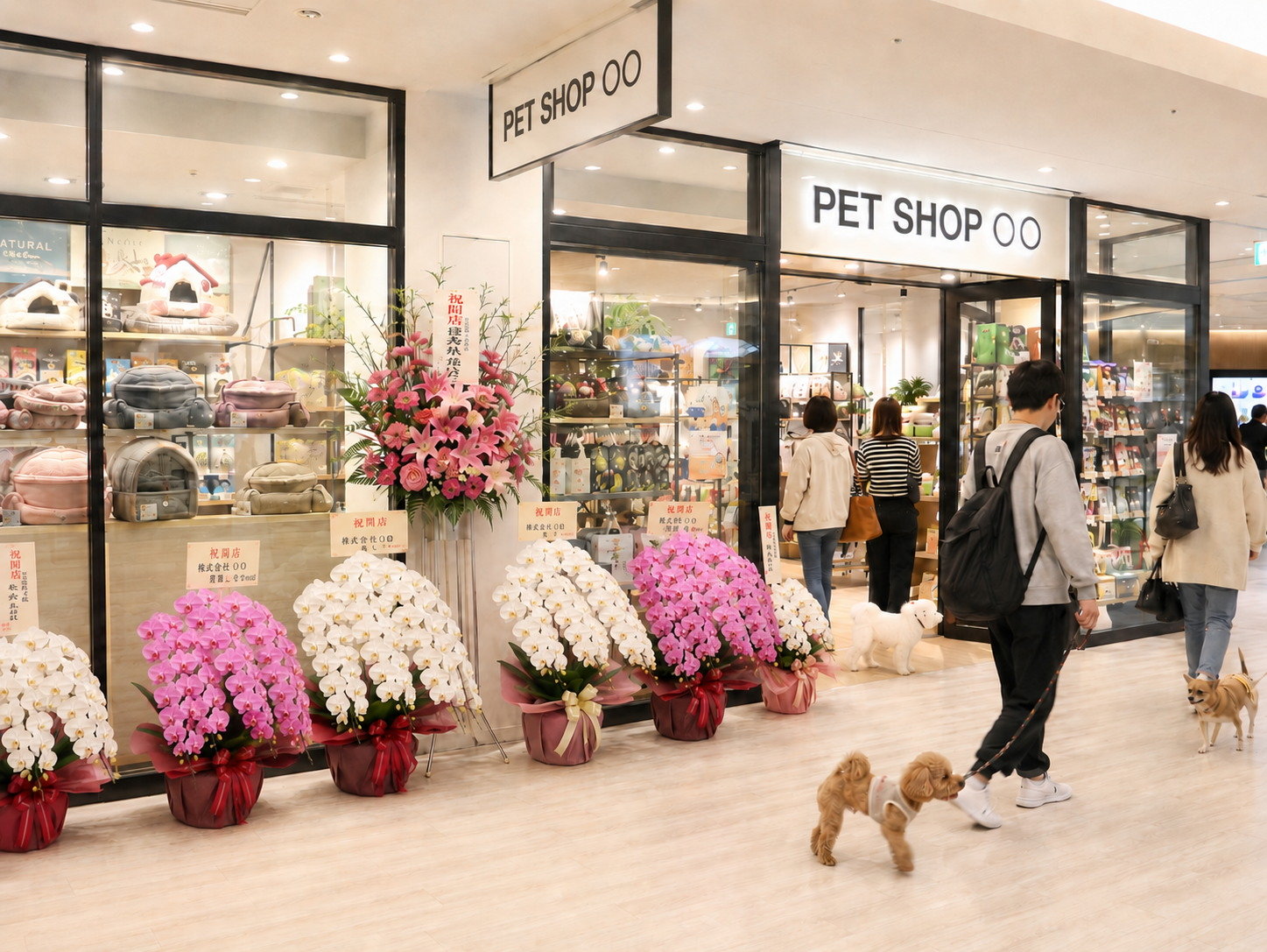 大型ペットショップ店頭に並ぶ胡蝶蘭と祝い花