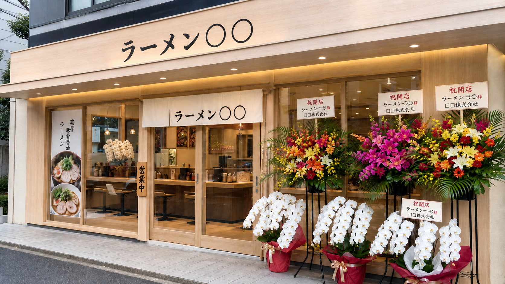 ラーメン店の開店祝いに贈られた白胡蝶蘭