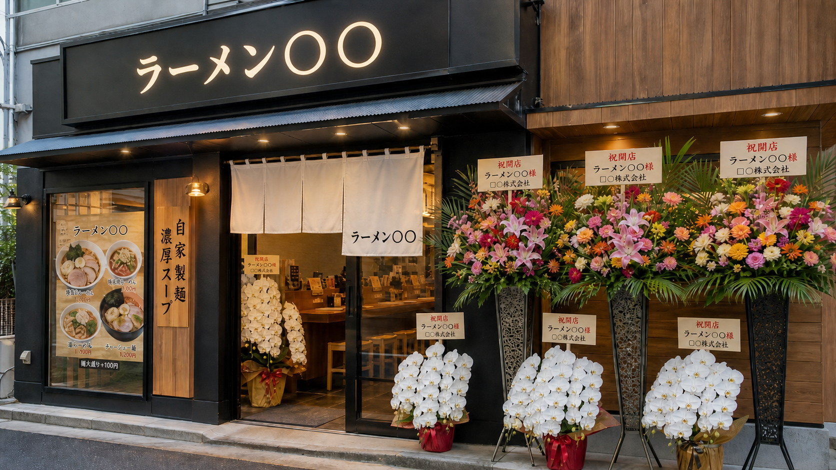 ラーメン店入口に飾る開店祝いの胡蝶蘭