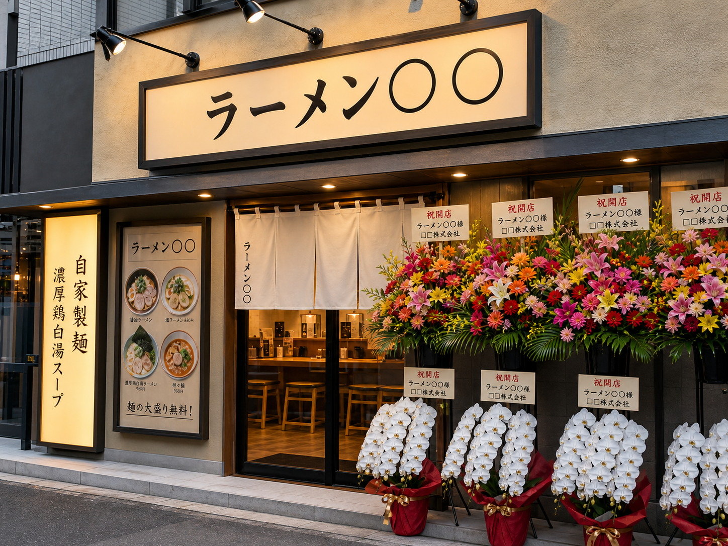 ラーメン店オープン祝い胡蝶蘭の立札