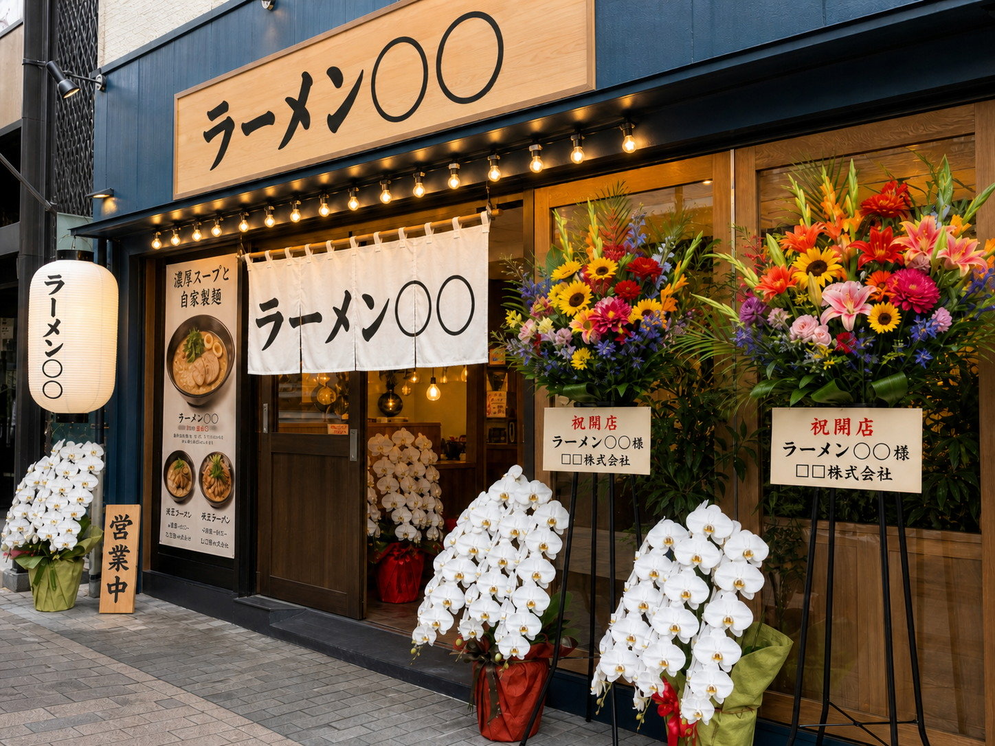 ラーメン店開店を祝う胡蝶蘭と看板