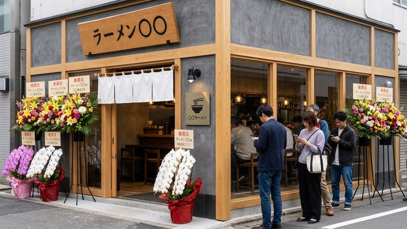 開店初日に行列ができるラーメン店と胡蝶蘭
