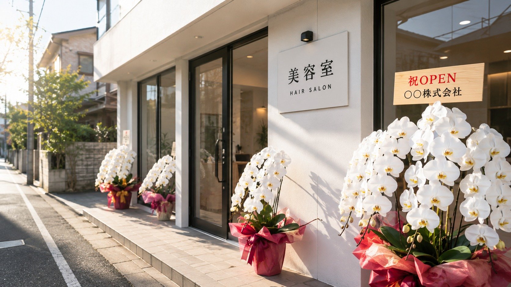 美容室の開店日入口に飾られた胡蝶蘭5本立てと祝OPENの立札